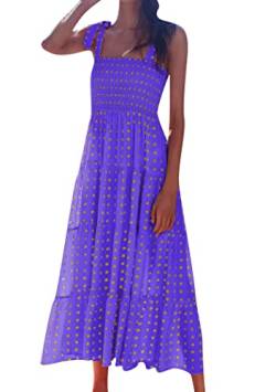 OMZIN Damen Sommer Quadratischer Hals Ärmelloses Gesmoktes Gerafftes Langes Kleid Spaghetti Strap Beach Swing Sundress Quadrat Violett XL von OMZIN