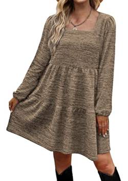 OMZIN Damen Sommer Sexy Pendler Kleid Quadratischer Ausschnitt Langärmeliges Kleid Panel Knielanges Kleid Khaki L von OMZIN