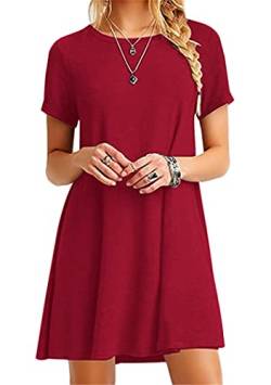 OMZIN Damen Sommerkleid Kurze Ärmel Flare Tunika Plus Größen Rundhalsausschnitt Solide Farbe Flowy Kleid Rot M von OMZIN