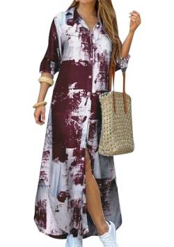 OMZIN Damen Split Shirt Kleid Langarm Button Down Collared Plaid Pattern Maxi Kleid Mit Taschen Tie Dye Wein L von OMZIN