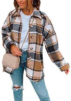 OMZIN Damen Spring Checkered Blouse Oversized Baggy Check Shirt Patchwork Tartan Jacket Checked Pattern Brown S von OMZIN