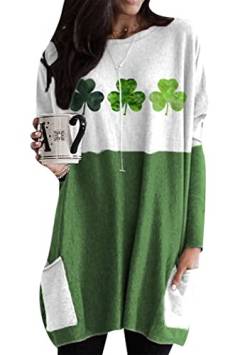 OMZIN Damen St. Patrick's Day Klee Sweatshirt Mit Taschen Kleeblatt Rundhalsausschnitt Langer Pullover Tops Kleeblatt 2XL von OMZIN