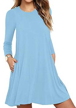 OMZIN Damen Strandkleid Midikleid Baumwolle Kleid mit Tasche Einfarbig Tunika Strandmode Himmelblau M von OMZIN