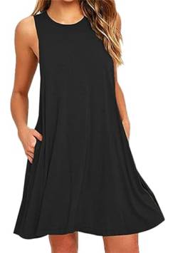 OMZIN Damen Strandkleid Plus Size Ärmelloses Shirt Kleid Mit Taschen Rundhalsausschnitt Westenkleid Schwarz 3XL von OMZIN