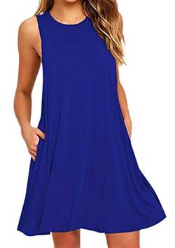 OMZIN Damen Strandkleid Schlichtes Minikleid Tunika mit Taschen Sonnenkleid für Party Rundhalsausschnitt Sommerkleid Blau M von OMZIN