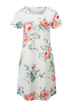 OMZIN Damen Strandkleid geblümt Bedruckt Sommerkleider Kurzarm Kurz Casual Kleid Weiße Rose XL von OMZIN