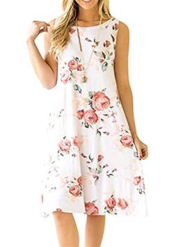 OMZIN Damen Sundress Vest Kleid Oversized Sommerkleid Lose Mini Kleid Mit Taschen Lose Mini Kleid Weiß Rot Blume 3XL von OMZIN
