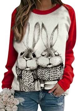 OMZIN Damen Sweatshirt mit niedlichem Kaninchendruck Nähten lang Raglanärmel Pullover Oberteile Häschen Ostern T-Shirt 2Tu Rot XXL von OMZIN