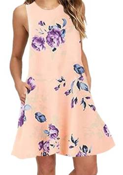 OMZIN Damen Tank Floral Mini Dress Swing Ärmelloses Kleid Crewneck Pockets Kleid Rosa Orange Blume L von OMZIN