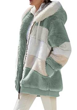 OMZIN Damen Teddy Fleece Jacke Casual Double Fuzzy Fluffy Hoodie Warm Stilvolle Zip Outwear mit Taschen Hellgrün 4XL von OMZIN