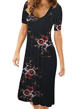 OMZIN Damen Tunika Kleid Niedlich Bedruckt Rundhals Kurzarm Lässiges Swing Rüschenkleid Tunika Hemdkleid Bequemes Baumwollkleid Schwarze Blume L von OMZIN