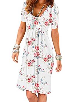 OMZIN Damen Tunikakleid Rundhalsausschnitt Kurzarm Rüsche Floral Bedruckt Lässig Locker Flowy Swing Shift Kleid Weiß Rose XL von OMZIN