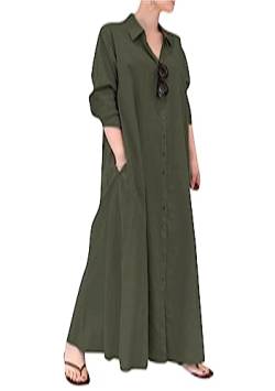 OMZIN Damen V-Ausschnitt Hemdkleid Revers Neck Button down Baumwolle Und Leinen Casual Maxi Party Kleid Army Green 5XL von OMZIN