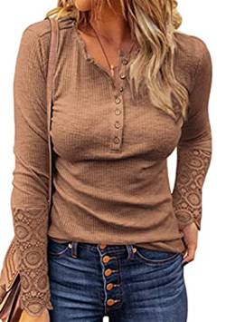 OMZIN Damen V-Ausschnitt Spitze Häkeltops Langarm Slim Fit Hemd Freizeithemden Blusen Braun XS von OMZIN