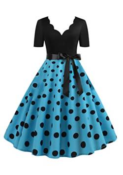 OMZIN Damen Vintage 1950s Kurzarm Kleid Jakobsmuschel Ausschnitt Audrey Hepburn Polka Dots Rock Kleider Blau M von OMZIN