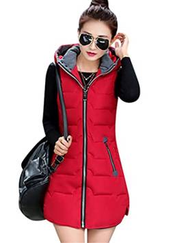 OMZIN Damen Westen Weste Hoodie Jacke Herbst Winter Warme Bequem Outwear Einfarbig Kapuzenpullover Rot M von OMZIN