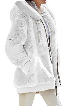 OMZIN Damen Winter Einfache Plüschjacke Einfarbig Lässige Warme Strickjacke Mit Kapuze Basic Reißverschlussjacke Reines Weiß 5XL von OMZIN