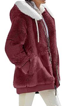 OMZIN Damen Winter Kapuzen Casual Cardigan Warmer Lockerer Basic Mantel Tasche Plüsch Casual Coat Reines Rot 4XL von OMZIN