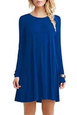 OMZIN Damen Winter Langarm Kleid Rundhalsausschnitt Lässig Lose Solid Plain Kleid T-Shirt Kleid Blau L. von OMZIN