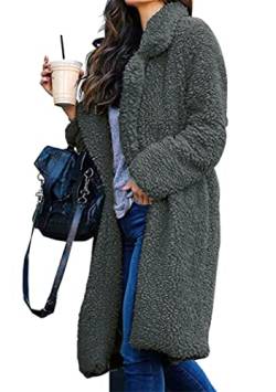 OMZIN Damen Winter Offene Front Revers Parka Wollmantel Mantel Plüsch Jacke Plüsch Mantel Teddy Fleece Jacke Lange Strickjacke Outwear Mantel Jacke Dunkelgrau L von OMZIN