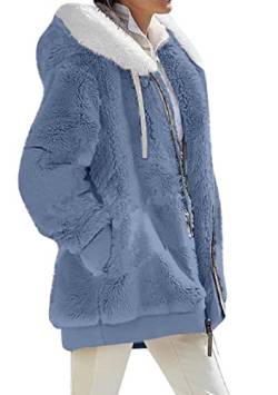 OMZIN Damen Winter Warme Lockere Jacke Basic Reißverschluss Plüschjacke Einfache Lässige Mantel in Übergröße Reines Blau S von OMZIN