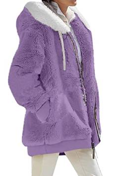 OMZIN Einfarbige Winterjacke Für Damen Mit Taschen Lockerer Kapuzenmantel Mit Reißverschluss Plüsch übergroße Jacke Reines Lila XL von OMZIN