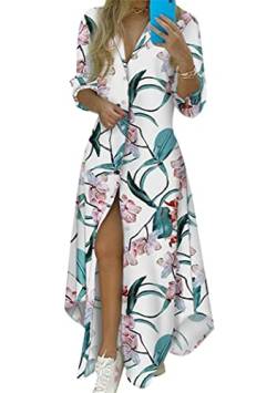 OMZIN Floral Geteiltes Maxikleid Mit Knopfleiste Für Frauen Unregelmäßiger Saum Langarm Revers Shirt Kleid Weiß Grün XXL von OMZIN