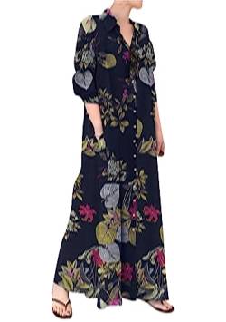 OMZIN Frauen Baumwolle Leinen Blusen Kleid Mit Tasche Maxi Seitenschlitz Bluse Kleider Mit Knopf Floral Black XL von OMZIN