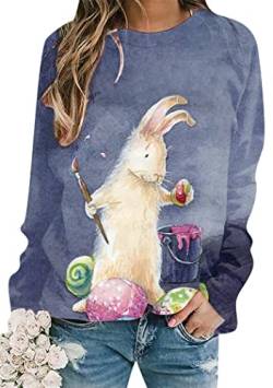 OMZIN Frauen Hase Bedruckt Sweatshirt Langarm-Shirt Rundhalsausschnitt Kaninchen Drucken Grafik Tunika Tops Tees Marineblaues Kaninchen 3XL von OMZIN