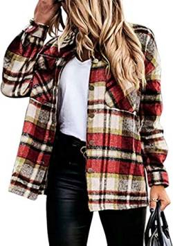 OMZIN Frauen Kariertes Hemd Jacke Jacke Jacke Flanell Winter Herbst Taschen Knöpfe Langarm Oversize Boyfreind Mode Kariertes Hemd Jacke Oberteile Rot Xxl von OMZIN