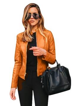 OMZIN Frauen Kunstleder Fitted Slim Coat Motorradjacke Plain Lightweight Cropped Outwear Orange XL von OMZIN