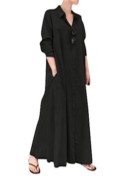 OMZIN Frauen Langarm Button down Leinen Baumwollhemd Kleid Casual Einfarbige Taschen Maxikleid Schwarz 4XL von OMZIN