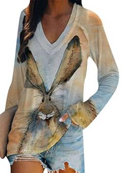 OMZIN Frauen Langarm V-Ausschnitt Bunny Sweatshirt Happy Easter Rabbit Leichtgewicht Pullover Top Kaninchen Blau Orange L von OMZIN