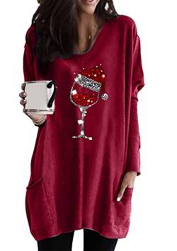 OMZIN Frauen Langarm Weihnachten Sweatshirt Rot Wein Glas Casual Pullover Langarm Top Pulover Wein Rot XXL von OMZIN