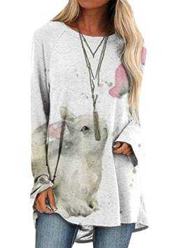 OMZIN Frauen Ostern Casual Bunny Long Pullover Langarm Rundhalsausschnitt Kaninchen Loose Oversized Tops Graues Kaninchen Rosa M von OMZIN