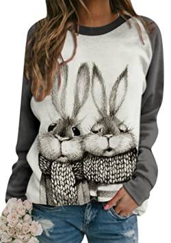 OMZIN Frauen Ostern Hase Leichte Sweatshirts Langarm Rundhalsausschnitt Lässig Kaninchen Lose Pullover Zwei Kaninchen Grau 3XL von OMZIN