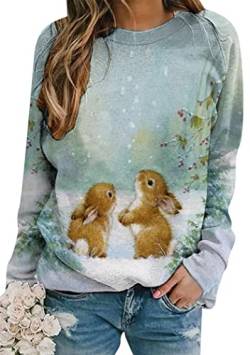 OMZIN Frauen Ostern Niedlich Hase Gedruckt Übergröße Langarm Rundhalsausschnitt Kaninchen Sweatshirt Pullover Hellblau 3XL von OMZIN