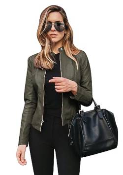 OMZIN Frauen Stehkragen Vegan Leder Moto Biker Jacke Solid Farbe Zip Up Fitted Slim Motorradjacke Army Green M von OMZIN