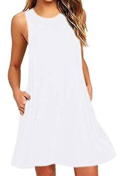 OMZIN Freizeitkleid ärmellos einfarbig Minikleid Scoop Kragen Loose Fit Tunika Top T-Shirt Kleid für Damen Weiß S von OMZIN