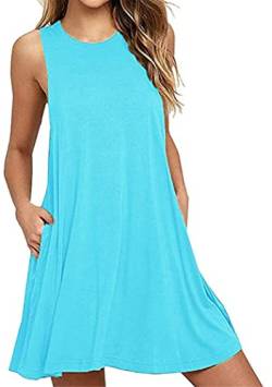 OMZIN Freizeitkleid mit Rundhalsausschnitt Mini Kleid mit Taschen T-Shirt Kleid für Damen Basic Sommerkleider Wasser Blau XL von OMZIN