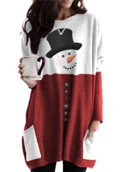 OMZIN Herbst Frauen Casual Langarm Weihnachten Hoodie Pullover Sweatshirt Colorblock Top Schneemann Rot XL von OMZIN