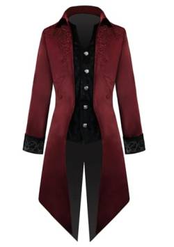 OMZIN Herren Retro Bestickter Klassischer Frack Mittelalterlicher Gothic Viktorianischer Mantel Steampunk Retro Langarm Mode Jacke Weinrot S von OMZIN