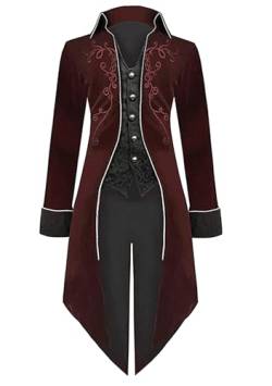 OMZIN Herren Steampunk Vintage Frack Jacke Gothic Viktorianisch Kutte Mantel Uniform Halloween Jacke Kostüm Rot M von OMZIN