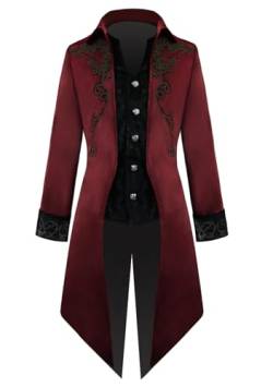 OMZIN Herren Steampunk Vintage Tailmat Jacke Stilvolle Gothic Viktorianische Uniform Tops Halloween Knopf Lange Mäntel Rot L von OMZIN