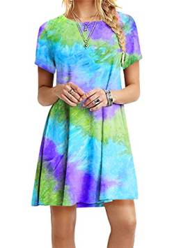 OMZIN Kleid Damen Sommerkleid Freizeitkleid Shirtkleid T-Shirt Tunika Kurzarm Leger Kurzes Lockeres Kleider für Damen Himmel Blau XL von OMZIN