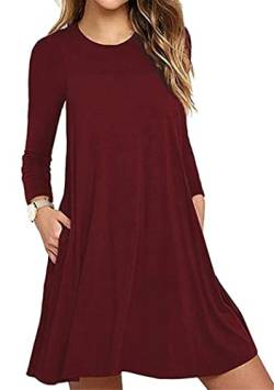 OMZIN Kleider Damen Sommerkleid Blusenkleid A Linie Kleid Casual Freizeitkleid Langarm Tunikakleid Lose Fit Strandkleid Wein Rot S von OMZIN