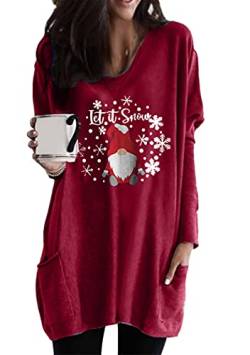 OMZIN Langarm-Sweatshirt Frauen Weihnachten Shirts Gedruckt Lustig Kariert Grafik Crewneck Langarm Pullover Tops Dunkelrot M von OMZIN