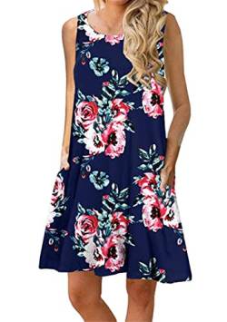 OMZIN Loose Casual Swing Tunikakleid Für Damen Mit Tasche ärmelloses Lockeres Tank Mini Kleid Blau Bouquet M von OMZIN