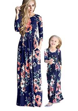 OMZIN Mama Und Ich Passende Maxikleid Frühling Floral Bedruckt Sommerkleid Lässig Langarm A Line Kleid Mit Taschen Floral Blau M von OMZIN