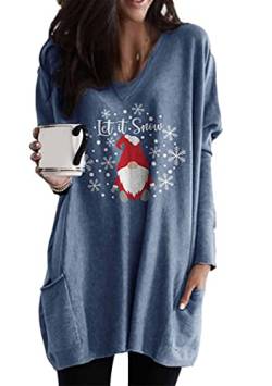 OMZIN Merry Christmas Sweater Für Frauen Tops Damen Casual Plus Size Weihnachten Elch Print Taschen Langarm Pullover Blau S von OMZIN